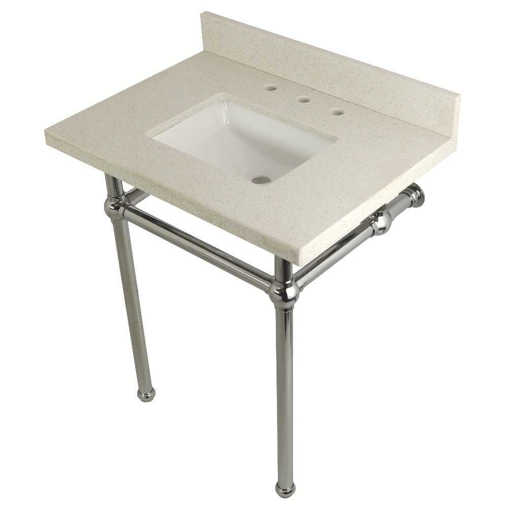 Templeton 30" x 22" White Quartz Console Sink with Brass Feet, White Quartz/Polished Chrome