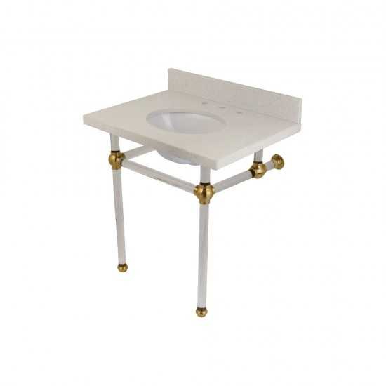 Templeton 30" x 22" White Quartz Console Sink with Clear Acrylic Feet, White Quartz/Brushed Brass