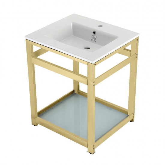 25-Inch Ceramic Console Sink (1-Hole), White/Polished Brass