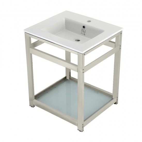 25-Inch Ceramic Console Sink (1-Hole), White/Polished Nickel