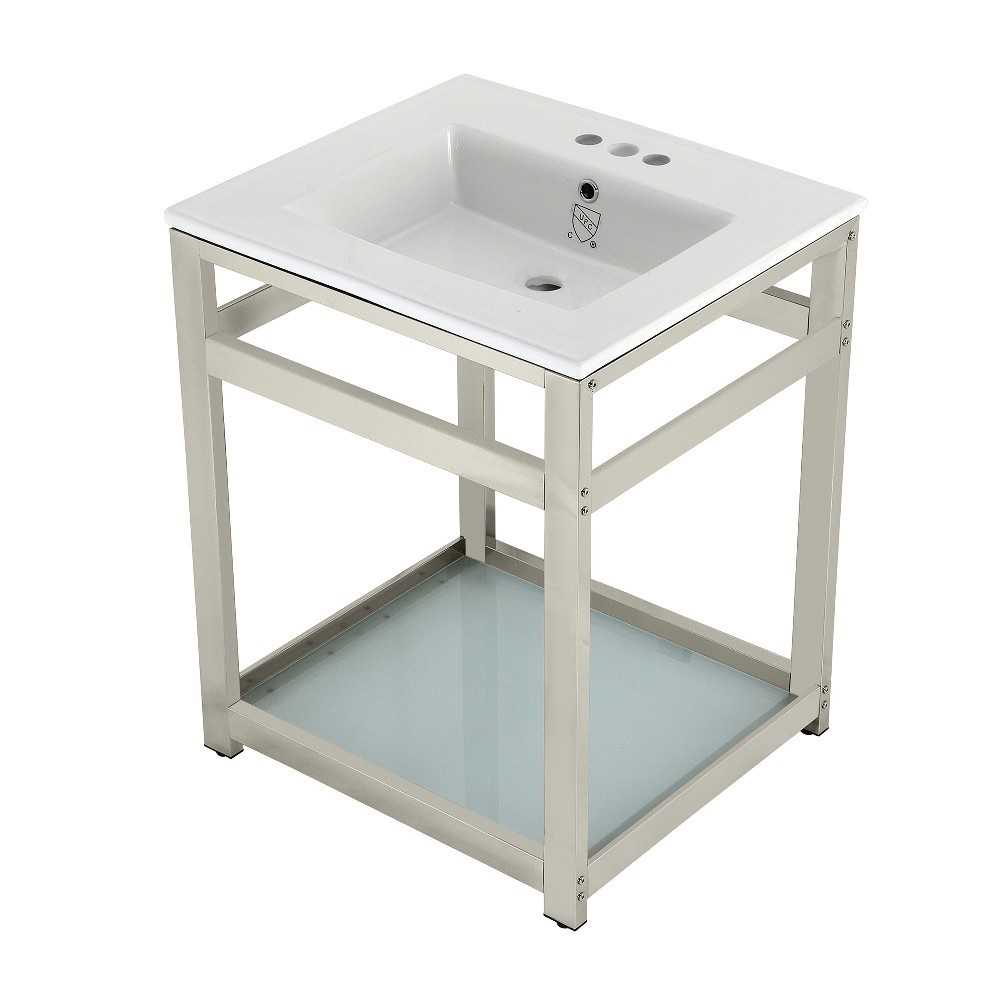 25-Inch Ceramic Console Sink (4-Inch, 3-Hole), White/Polished Nickel