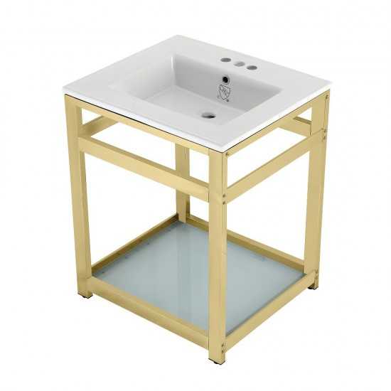 25-Inch Ceramic Console Sink (4-Inch, 3-Hole), White/Polished Brass