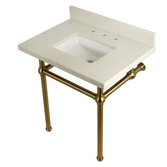 Templeton 30" x 22" White Quartz Console Sink with Brass Feet, White Quartz/Brushed Brass