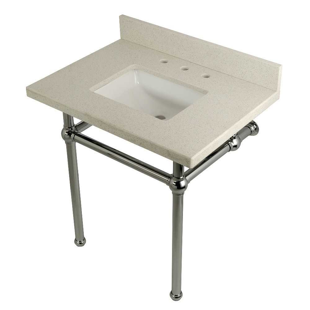 Templeton 30" x 22" White Quartz Console Sink with Brass Feet, White Quartz/Polished Chrome