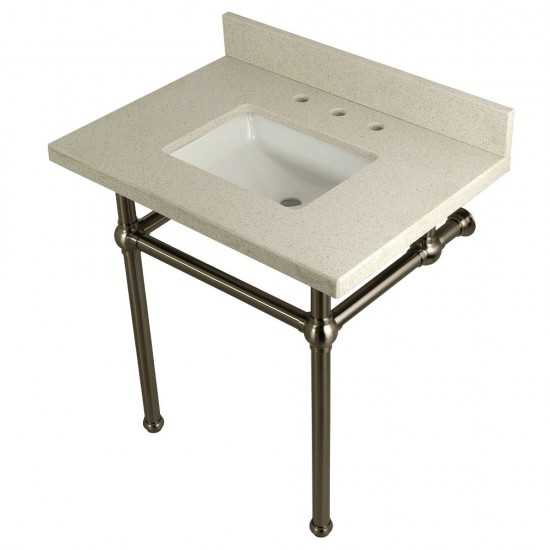 Templeton 30" x 22" White Quartz Console Sink with Brass Feet, White Quartz/Brushed Nickel