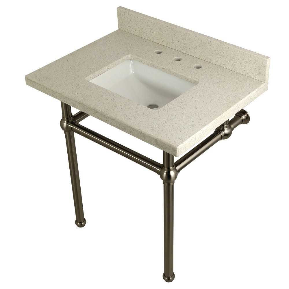Templeton 30" x 22" White Quartz Console Sink with Brass Feet, White Quartz/Brushed Nickel Templeton 30" x 22" White Quartz Console Sink with Brass Feet, White Quartz/Brushed Nickel