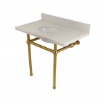 Templeton 36" x 22" White Quartz Console Sink with Brass Feet, White Quartz/Brushed Brass