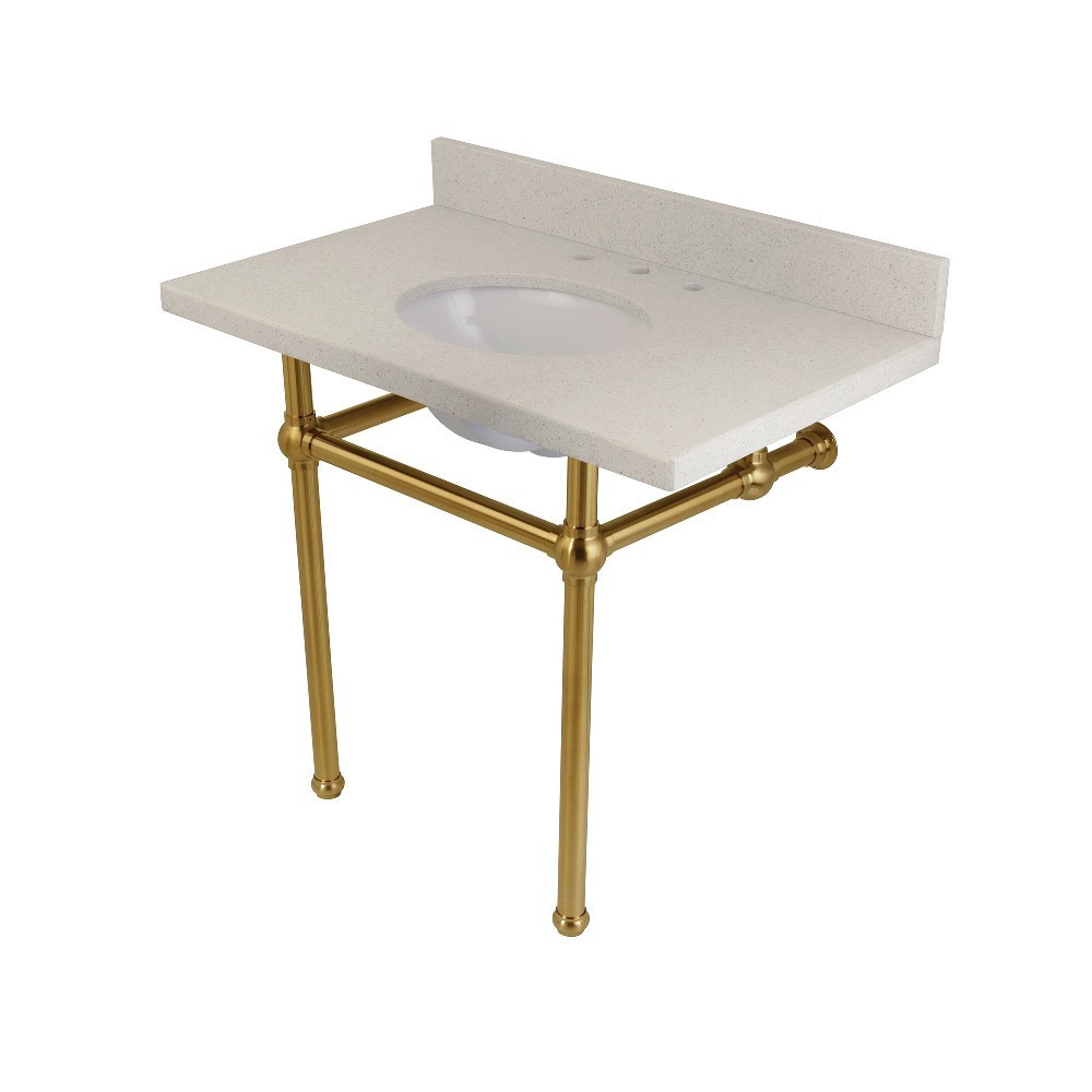 Templeton 36" x 22" White Quartz Console Sink with Brass Feet, White Quartz/Brushed Brass Templeton 36" x 22" White Quartz Console Sink with Brass Feet, White Quartz/Brushed Brass