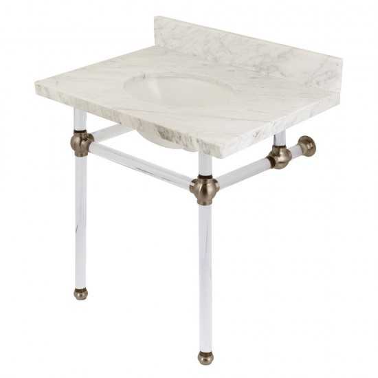 Templeton 30X22 Carrara Marble Vanity Top with Clear Acrylic Feet Combo, Carrara Marble/Brushed Nickel