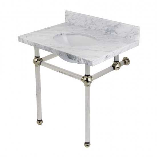 Templeton 30X22 Carrara Marble Vanity Top with Clear Acrylic Feet Combo, Carrara Marble/Polished Nickel