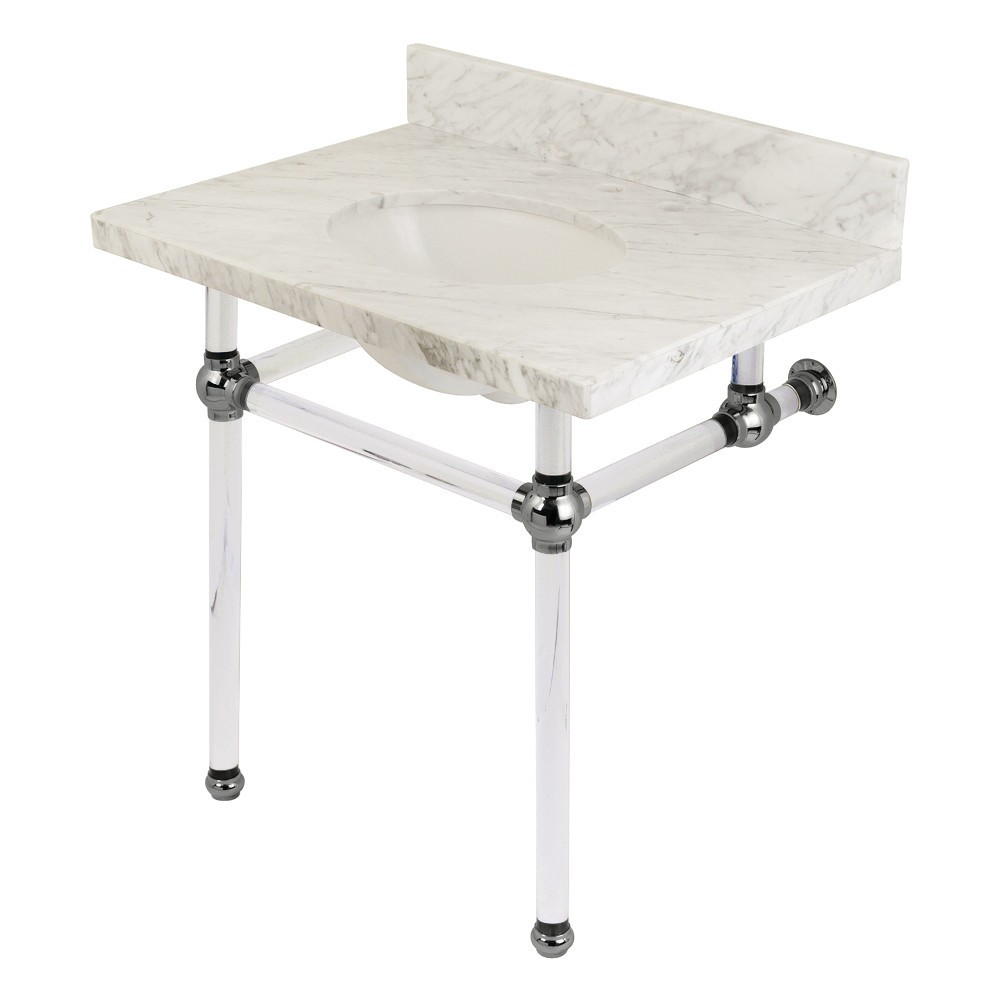 Templeton 30X22 Carrara Marble Vanity Top with Clear Acrylic Feet Combo, Carrara Marble/Polished Chrome