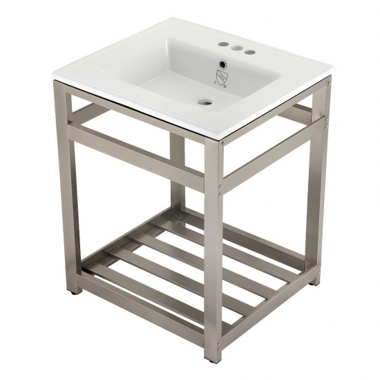 25-Inch Ceramic Console Sink (4-Inch, 3-Hole), White/Brushed Nickel