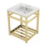 25-Inch Ceramic Console Sink (4-Inch, 3-Hole), White/Polished Brass