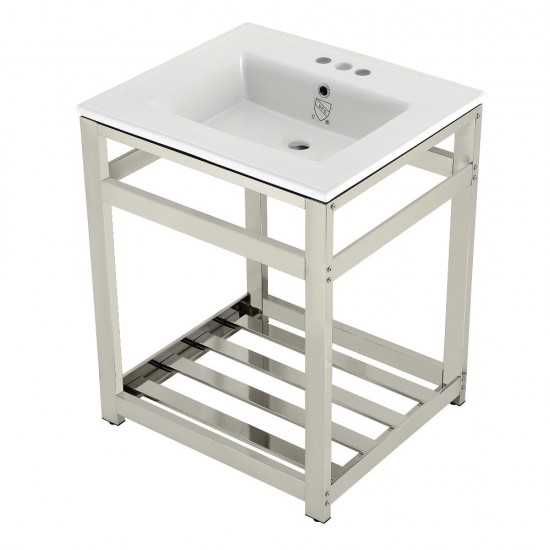 25-Inch Ceramic Console Sink (4-Inch, 3-Hole), White/Polished Nickel