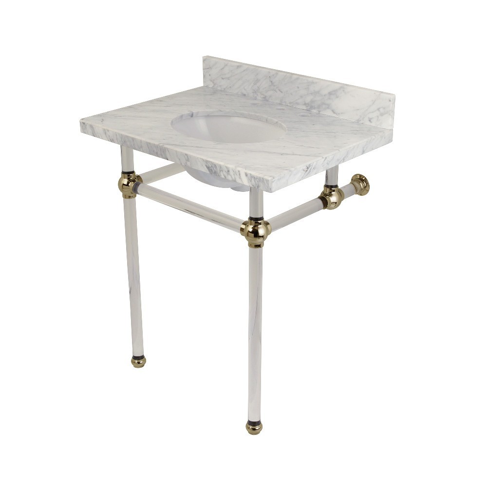 Templeton 30X22 Carrara Marble Vanity Top with Clear Acrylic Feet Combo, Carrara Marble/Polished Nickel