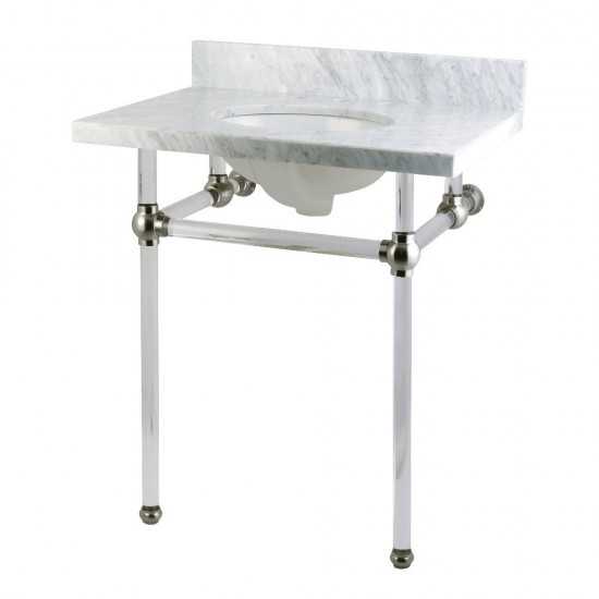 Templeton 30X22 Carrara Marble Vanity Top with Clear Acrylic Feet Combo, Carrara Marble/Brushed Nickel