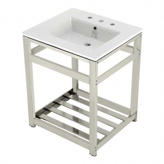 25-Inch Ceramic Console Sink (8-Inch, 3-Hole), White/Polished Nickel