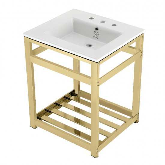 25-Inch Ceramic Console Sink (8-Inch, 3-Hole), White/Polished Brass