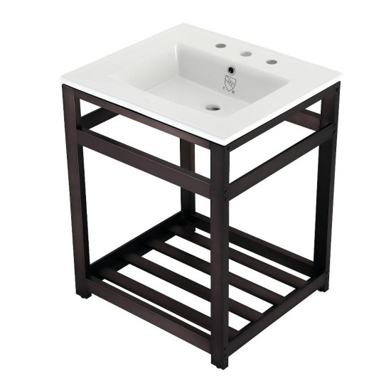 25-Inch Ceramic Console Sink (8-Inch, 3-Hole), White/Oil Rubbed Bronze