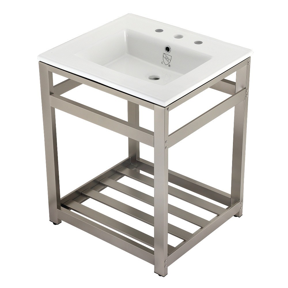 25-Inch Ceramic Console Sink (8-Inch, 3-Hole), White/Brushed Nickel