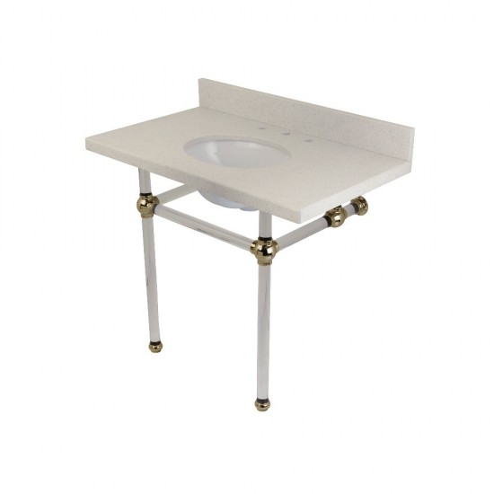 Templeton 36" x 22" White Quartz Console Sink with Clear Acrylic Feet, White Quartz/Polished Nickel