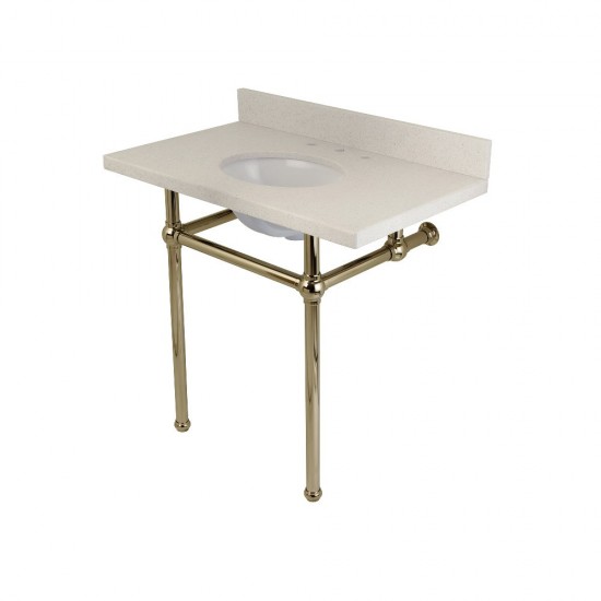 Templeton 36" x 22" White Quartz Console Sink with Brass Feet, White Quartz/Polished Nickel