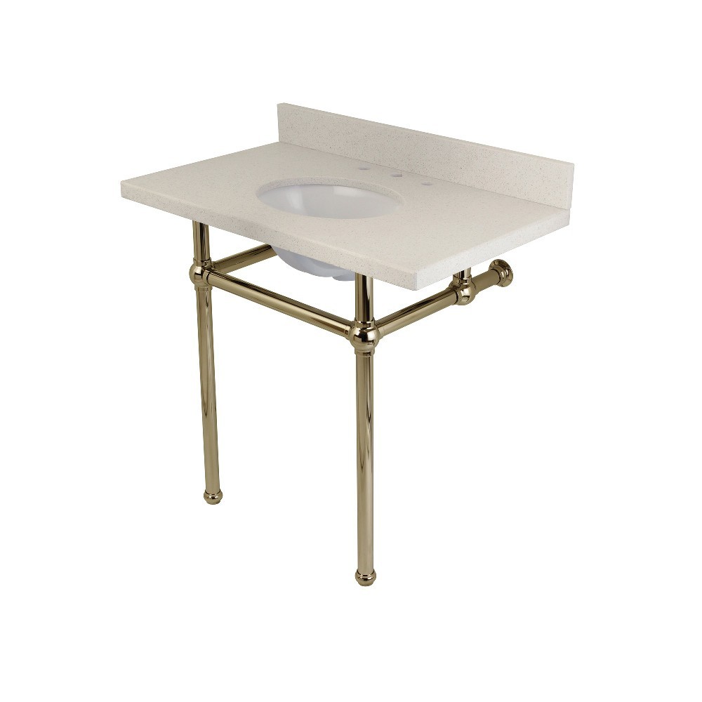 Templeton 36" x 22" White Quartz Console Sink with Brass Feet, White Quartz/Polished Nickel Templeton 36" x 22" White Quartz Console Sink with Brass Feet, White Quartz/Polished Nickel