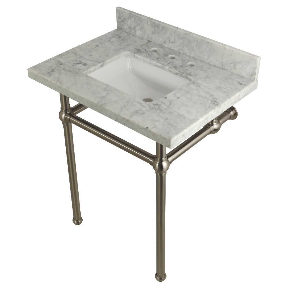 Templeton 30X22 Carrara Marble Vanity Top with Brass Feet Combo, Carrara Marble/Brushed Nickel