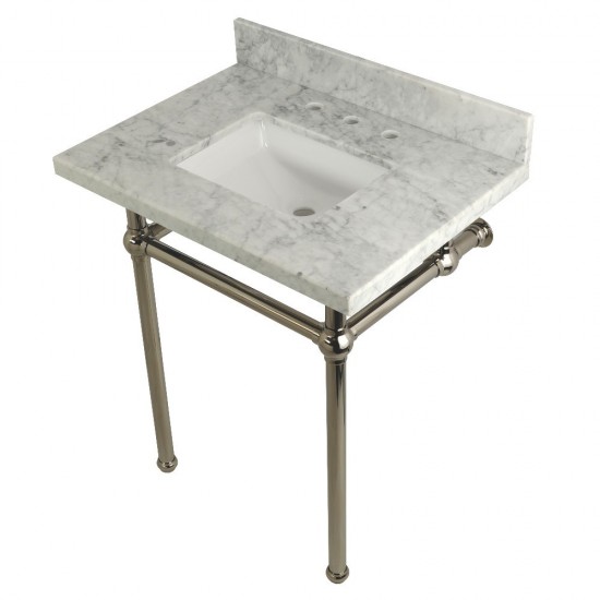 Templeton 30X22 Carrara Marble Vanity Top with Brass Feet Combo, Carrara Marble/Polished Nickel