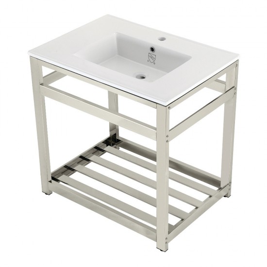 31-Inch Ceramic Console Sink (1-Hole), White/Polished Nickel