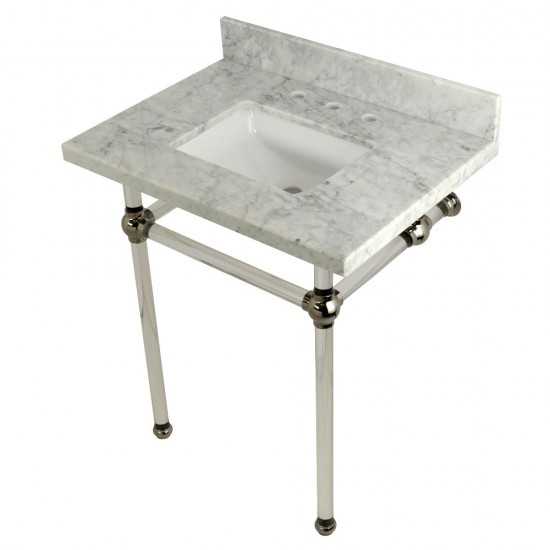 Templeton 30X22 Carrara Marble Vanity Top with Clear Acrylic Feet Combo, Carrara Marble/Polished Nickel