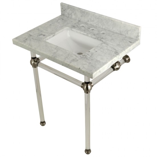 Templeton 30X22 Carrara Marble Vanity Top with Clear Acrylic Feet Combo, Carrara Marble/Brushed Nickel