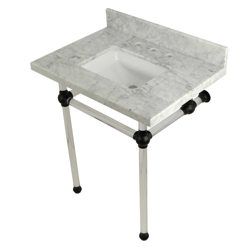 Templeton 30X22 Carrara Marble Vanity Top with Clear Acrylic Feet Combo, Carrara Marble/Matte Black