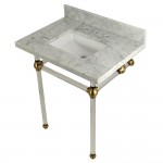 Templeton 30X22 Carrara Marble Vanity Top with Clear Acrylic Feet Combo, Carrara Marble/Brushed Brass