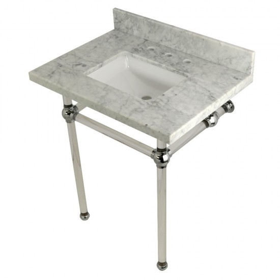 Templeton 30X22 Carrara Marble Vanity Top with Clear Acrylic Feet Combo, Carrara Marble/Polished Chrome