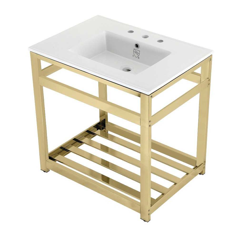 31-Inch Ceramic Console Sink (8-Inch, 3-Hole), White/Polished Brass