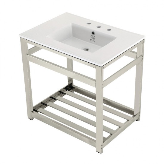 31-Inch Ceramic Console Sink (8-Inch, 3-Hole), White/Polished Nickel