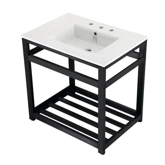 31-Inch Ceramic Console Sink (8-Inch, 3-Hole), White/Matte Black