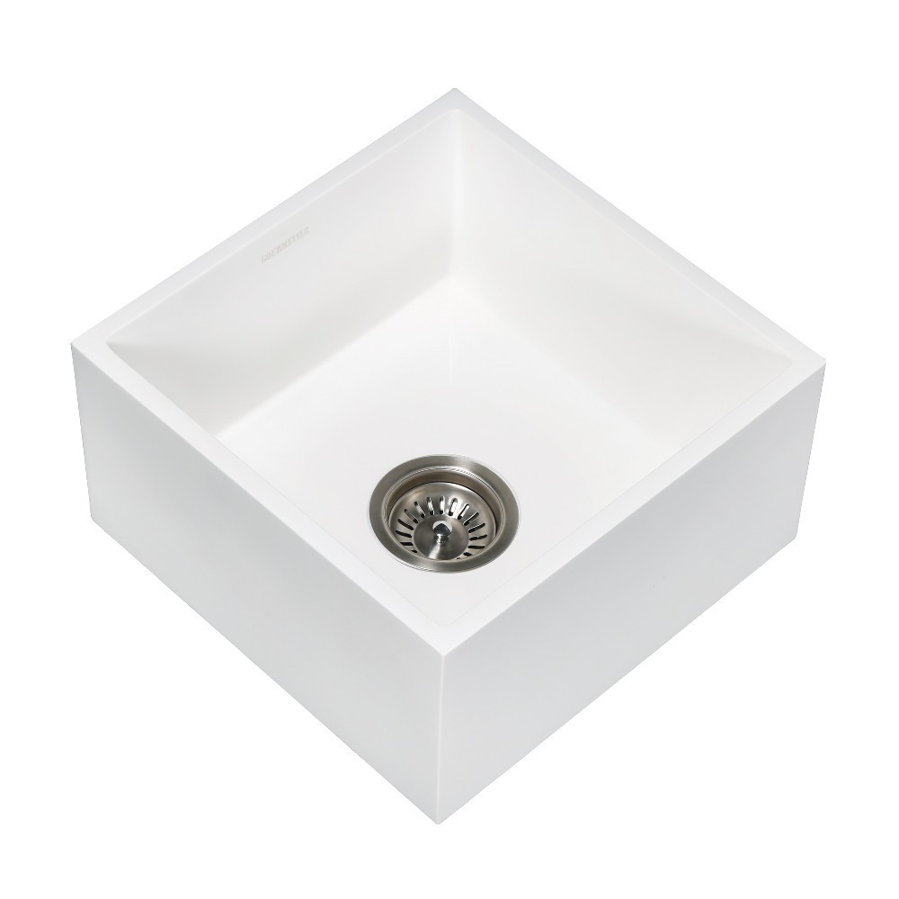 Arcticstone Solid Surface Undermount 15" Square Single Bowl Bar Sink with Drain, Matte White