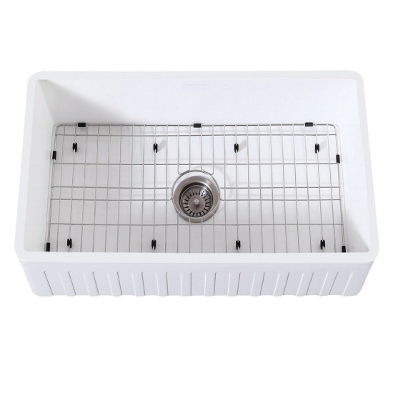 Solid Surface Matte Stone Apron Front Farmhouse Single Bowl Kitchen Sink with Strainer and Grid, Matte White/Brushed