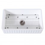 Solid Surface Matte Stone Apron Front Farmhouse Single Bowl Kitchen Sink with Strainer and Grid, Matte White/Brushed