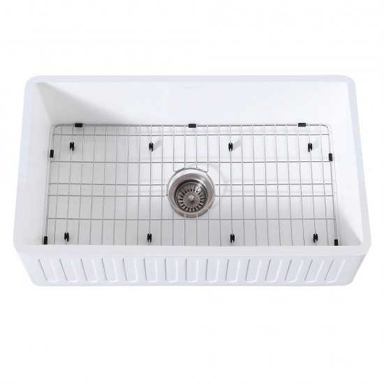 Solid Surface Matte Stone Apron Front Farmhouse Single Bowl Kitchen Sink with Strainer and Grid, Matte White/Brushed