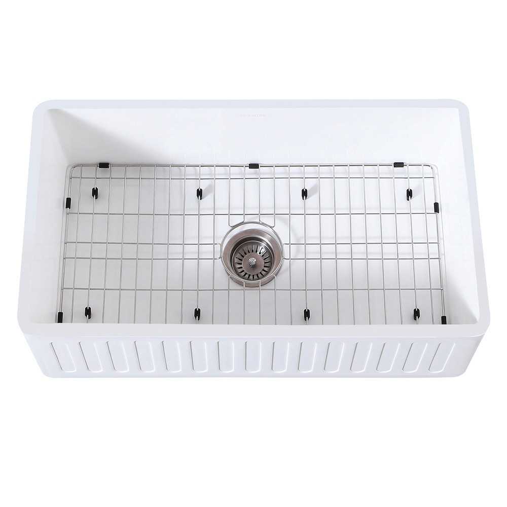 Solid Surface Matte Stone Apron Front Farmhouse Single Bowl Kitchen Sink with Strainer and Grid, Matte White/Brushed