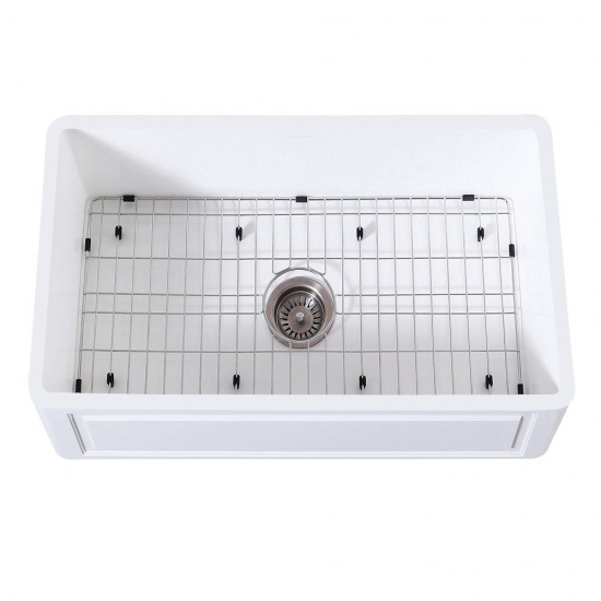 Farmhouse Single Bowl Kitchen Sink with Strainer & Grid, Matte White/Brushed