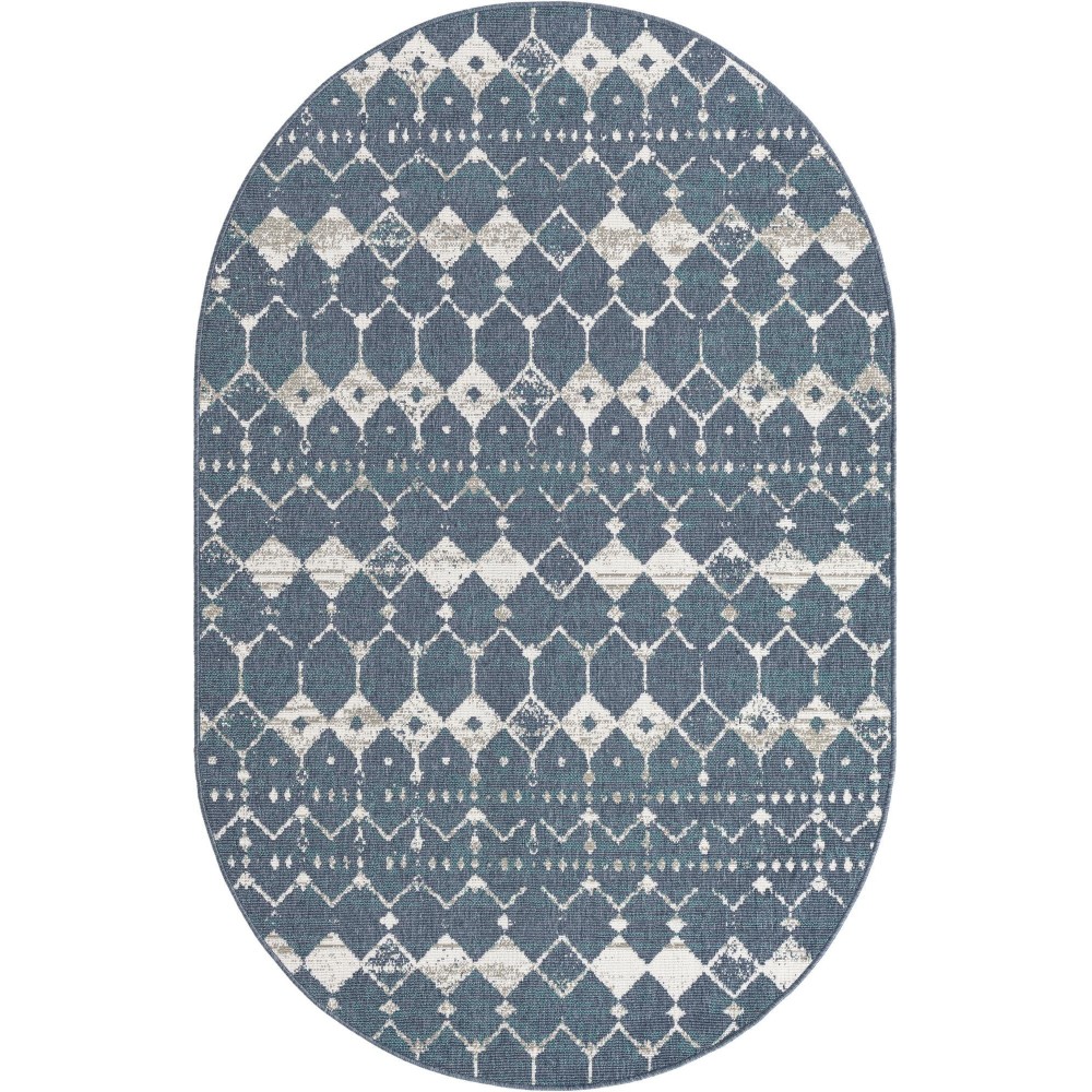 Rug Unique Loom Outdoor Trellis Navy Blue Oval 5' 3 x 8' 0