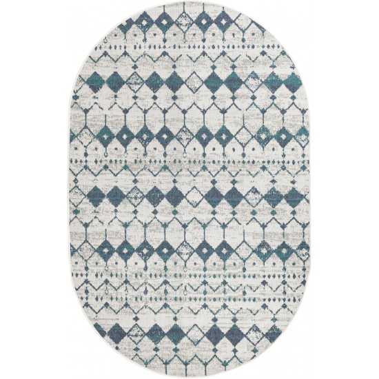 Rug Unique Loom Outdoor Trellis Ivory/Blue Oval 5' 3 x 8' 0