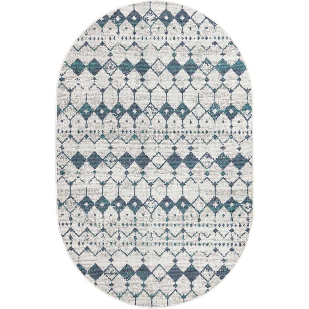 Rug Unique Loom Outdoor Trellis Ivory/Blue Oval 5' 3 x 8' 0