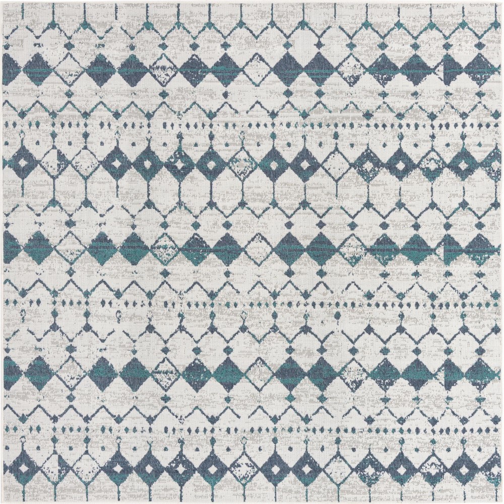 Rug Unique Loom Outdoor Trellis Ivory/Blue Square 7' 10 x 7' 10