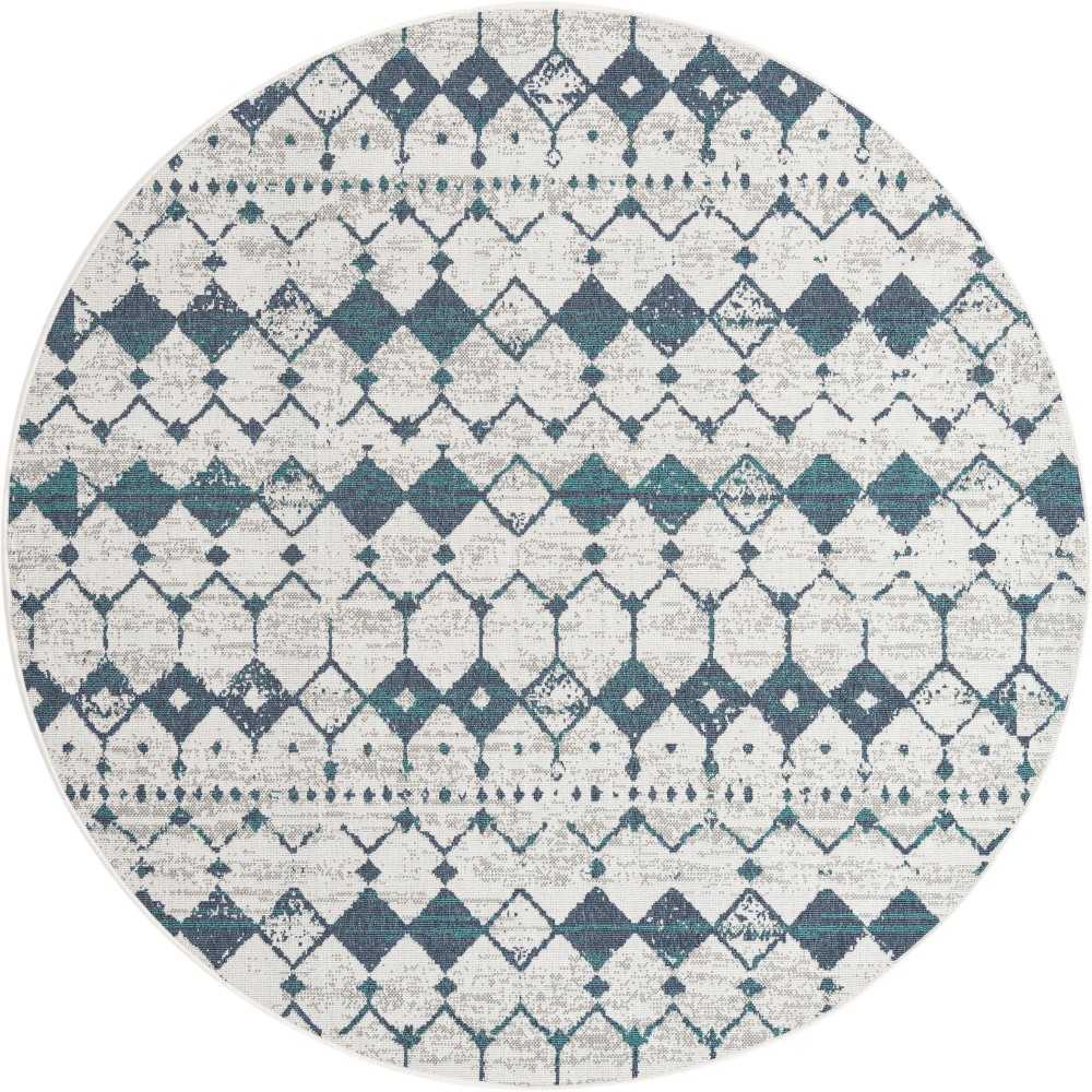 Rug Unique Loom Outdoor Trellis Ivory/Blue Round 7' 0 x 7' 0