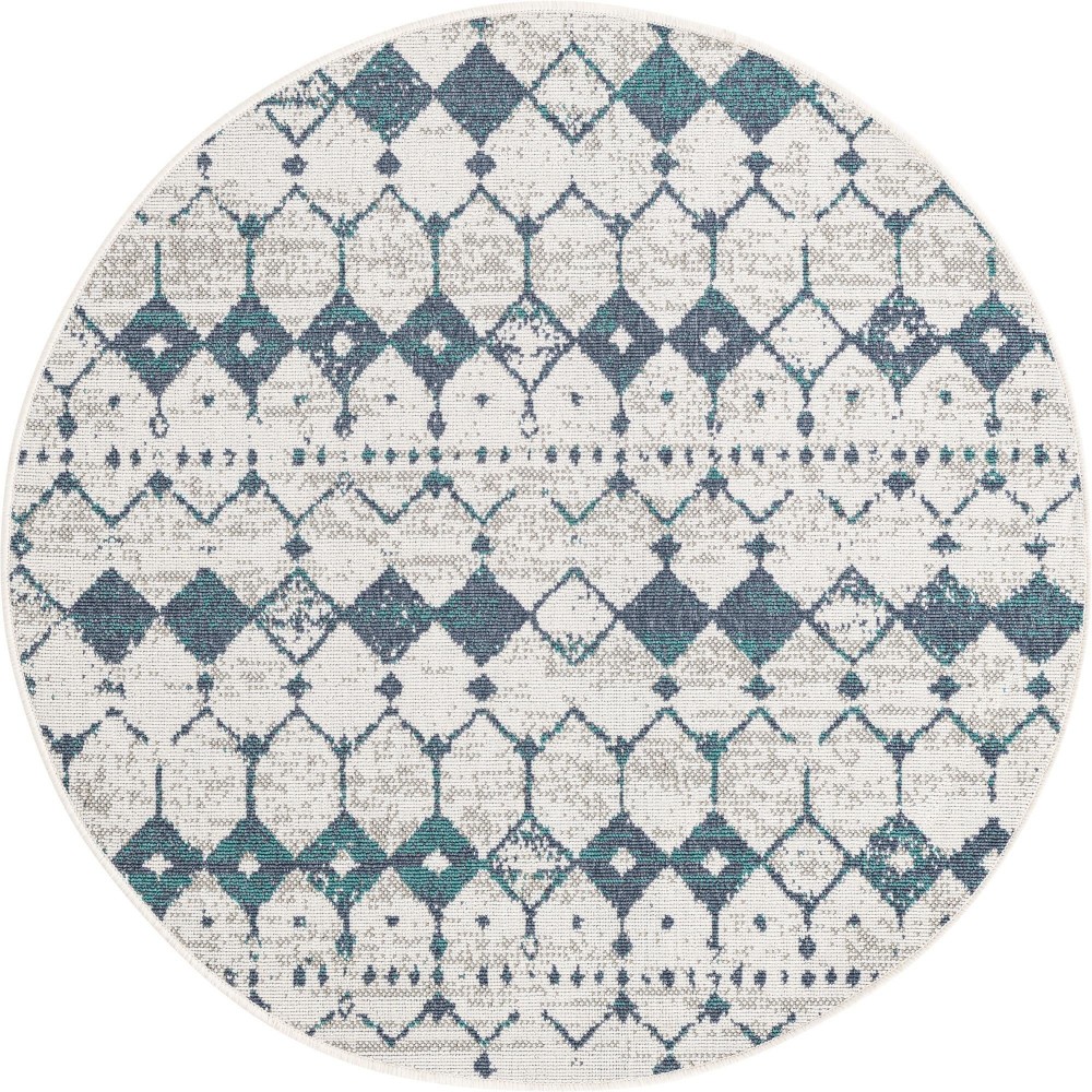 Rug Unique Loom Outdoor Trellis Ivory/Blue Round 4' 0 x 4' 0